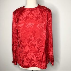 vintage solid red butterfly shimmer brocade pleated long sleeve top [0095]